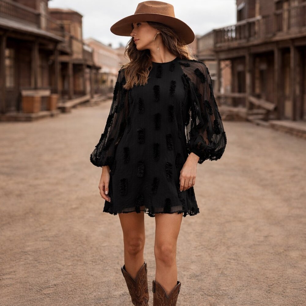 Lena Textured Sheer Mini Dress Black | 3D Clip Dot | Voluminous Sleeve | NWT M